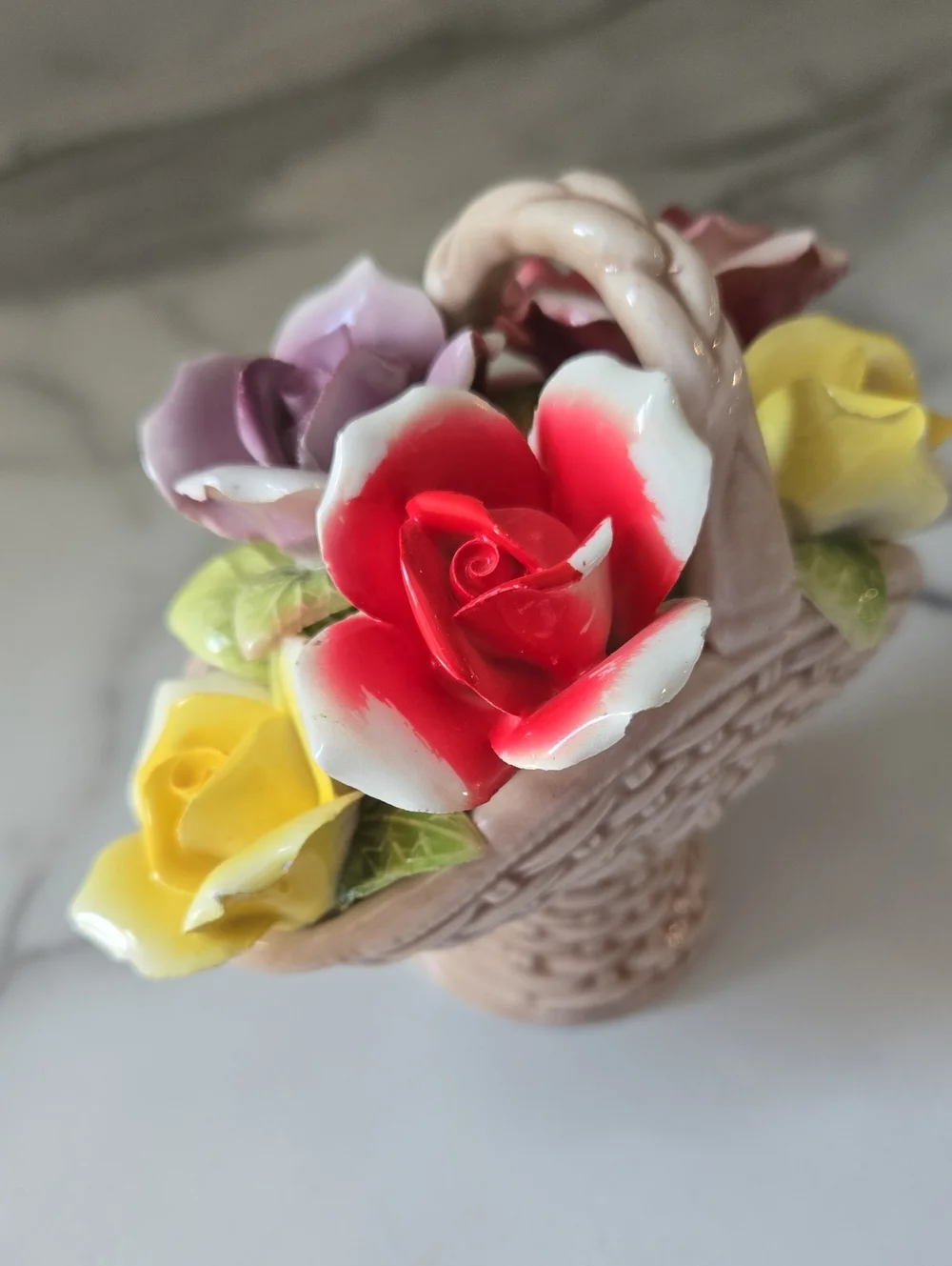 vintage Japanese porcelain floral basket figurine hand-formed 3D Roses